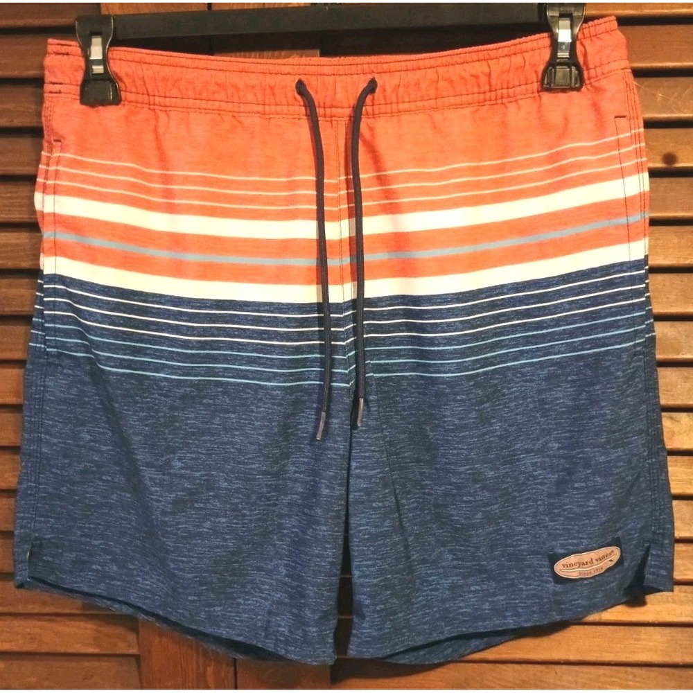 Vineyard Vines Mens Small Red White Blue Stripped Swim Trunks Board Shorts 6"
